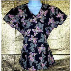 Butterfly Scrub Top Uniform Black Pink Cassandra O